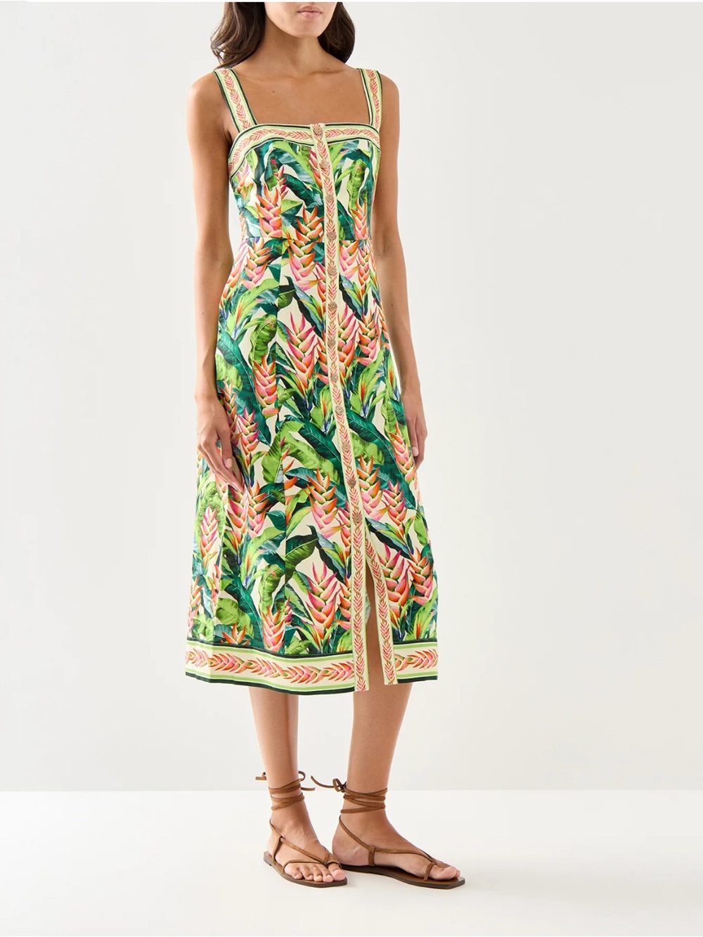Farm Rio Heli Leaves Button Front Linen Midi Dress